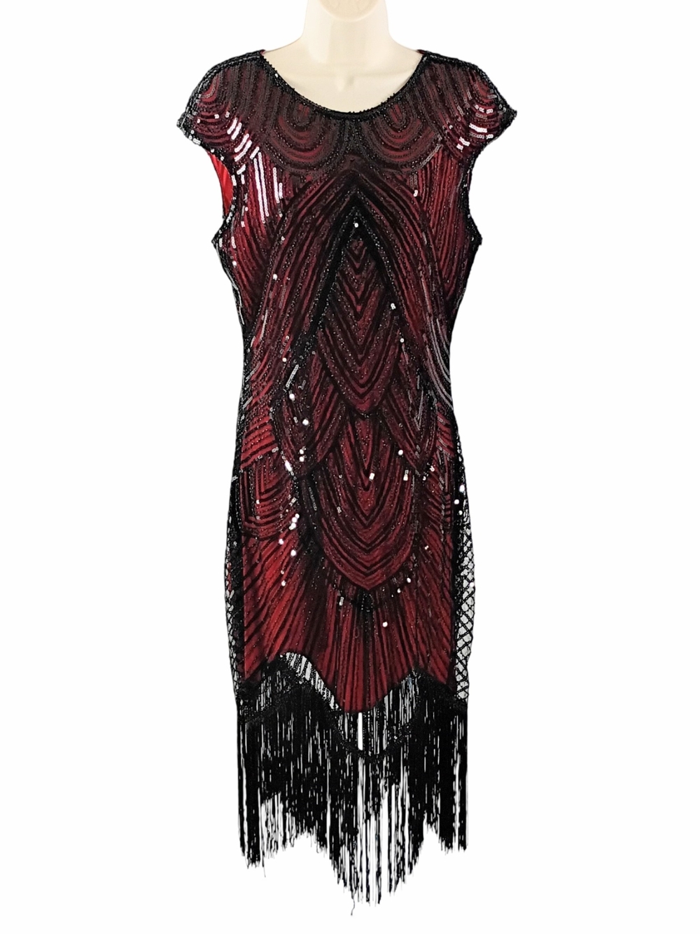 Flapper Beaded Red Fringe Midi Dress with Black Accents - Picture 2 of 8